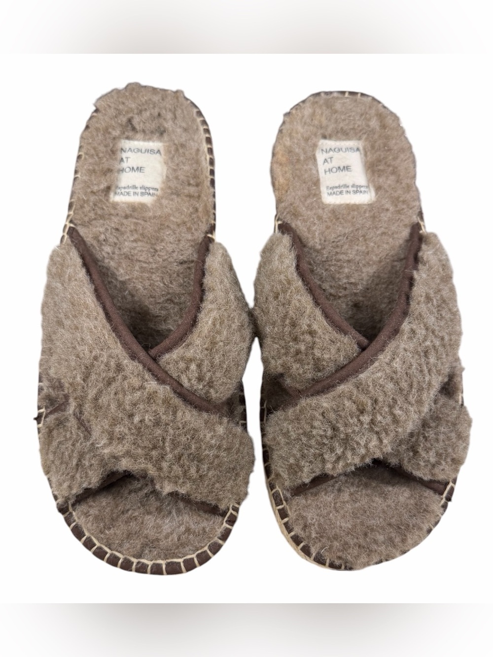 Naguisa Espadrilles Shearling Fuzzy Taupe Grey Slide Slippers. Cozy Open Toed